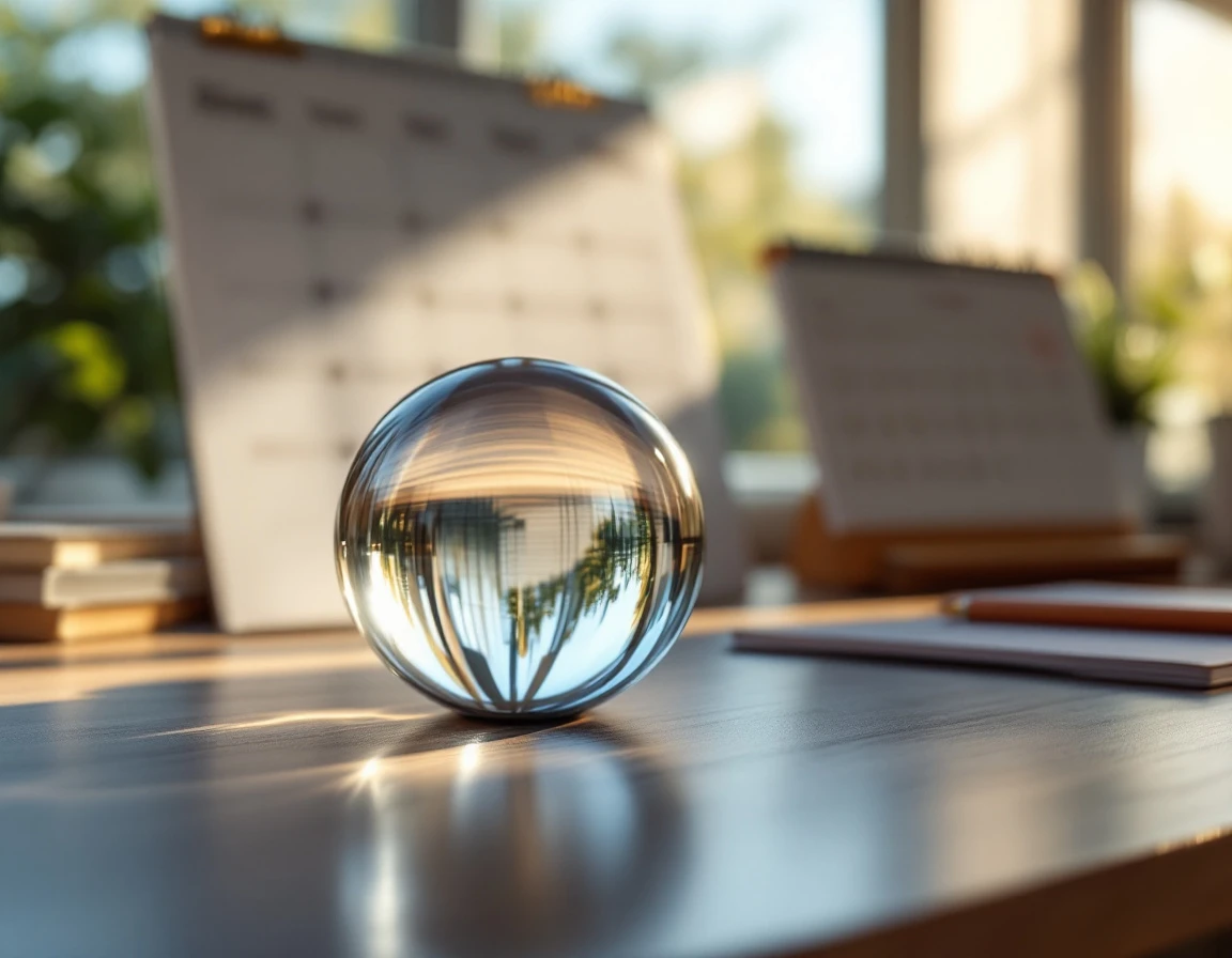 Crystal sphere on office desk with severely blurred calendar materials creating abstract bokeh in background