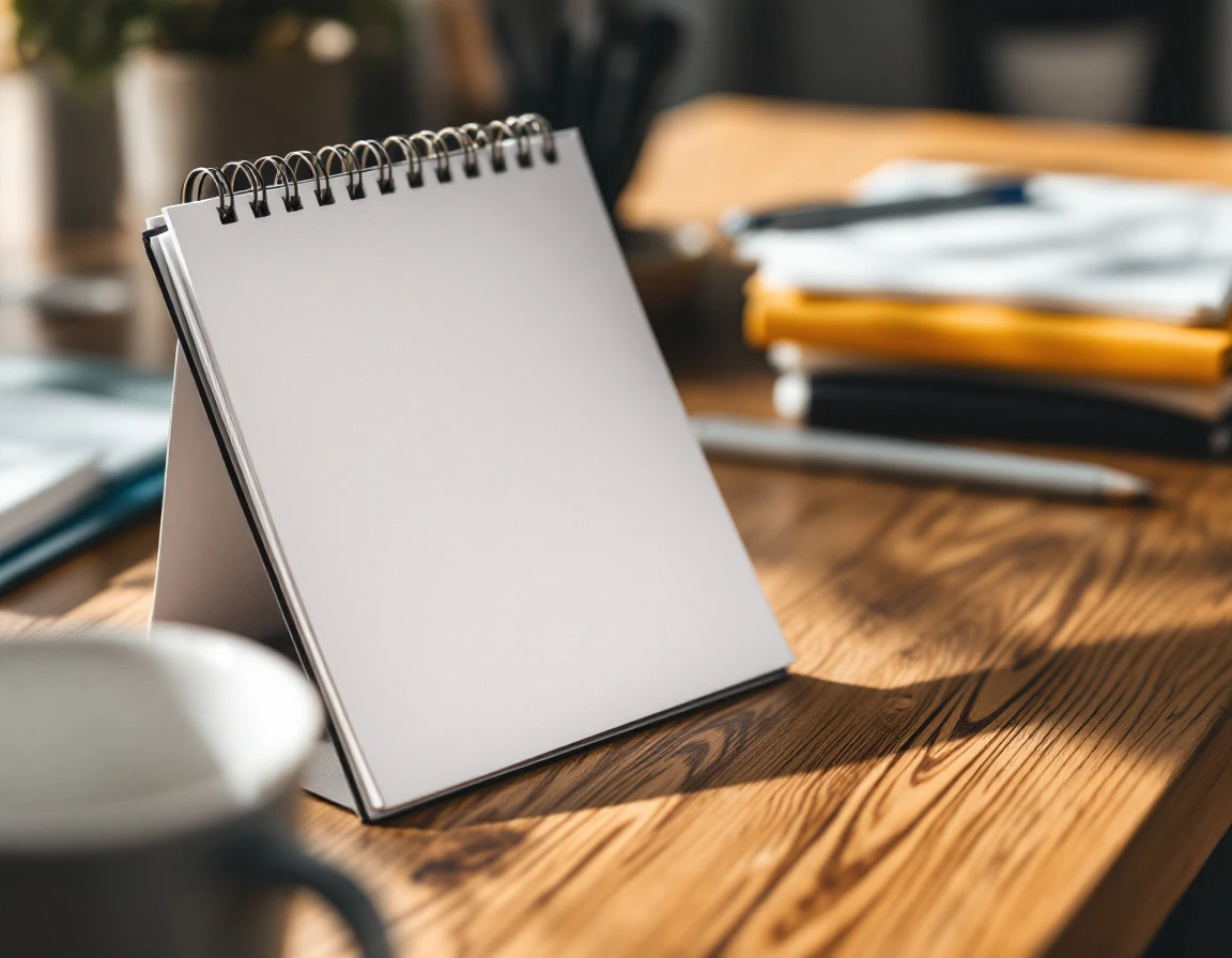 Wooden desk with blurred calendar and scheduling documents in soft natural light