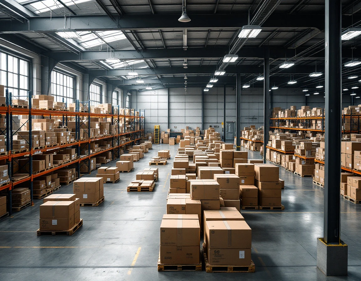 Organized warehouse interior with systematic inventory storage and natural overhead lighting