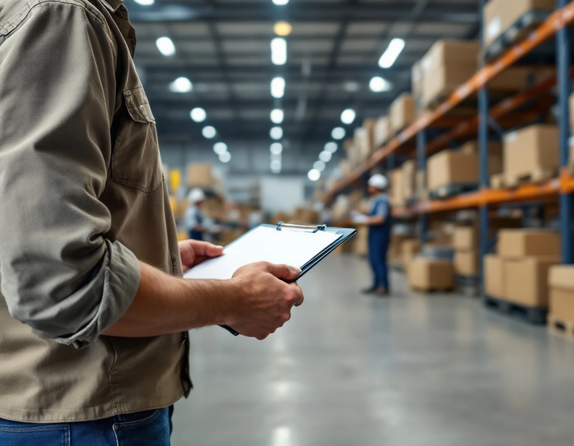 Warehouse worker reviewing clipboard in retail distribution center with inventory shelves