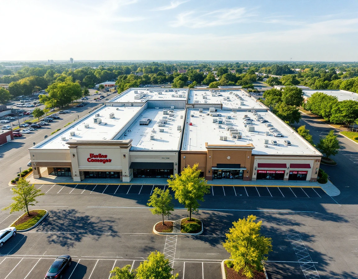 Aerial view comparing large and small retail store footprints with parking lots showing scale differences