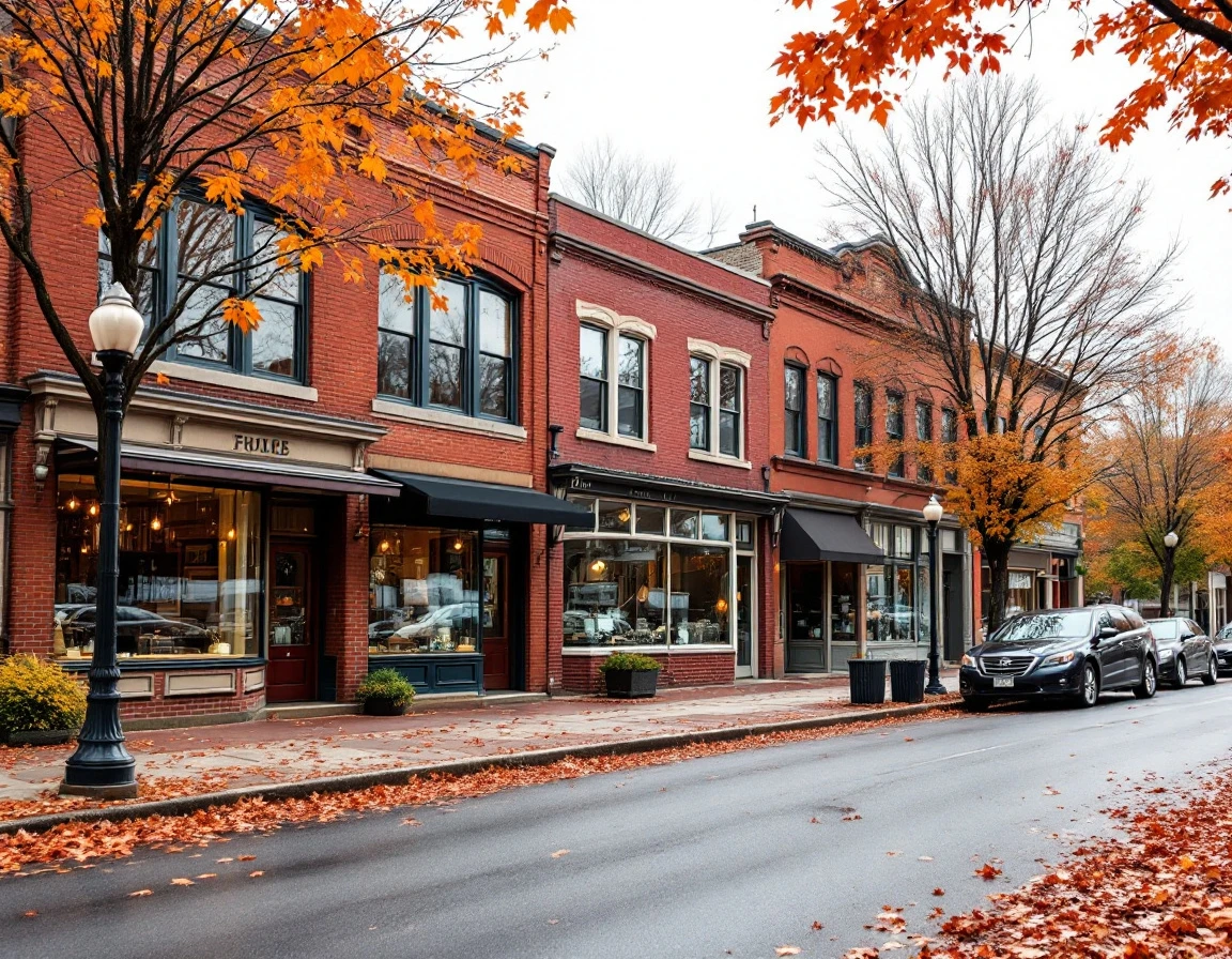 Empty brick storefronts on autumn street with scattered leaves and overcast sky
