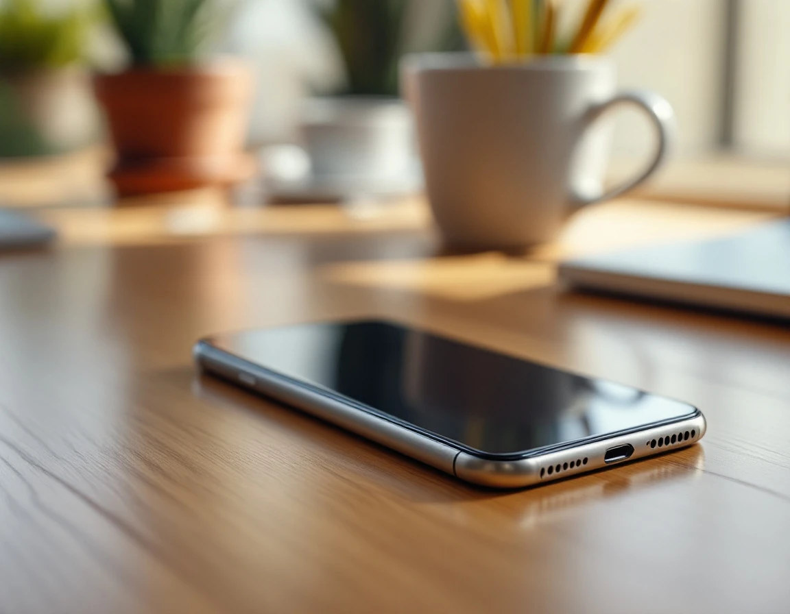 Smartphone face-down on wooden desk beside coffee mug in sunlit office workspace