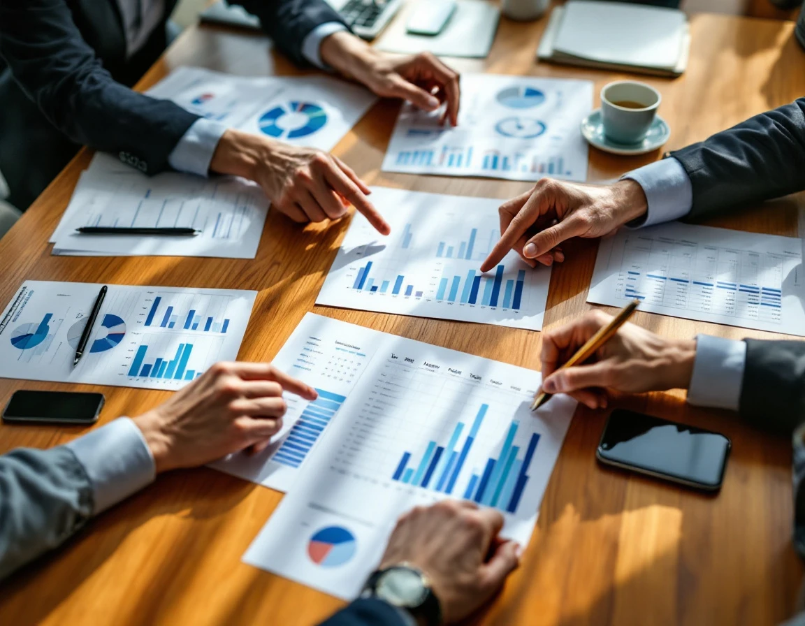 Hands collaborating over labor scheduling charts and performance data on wooden conference table