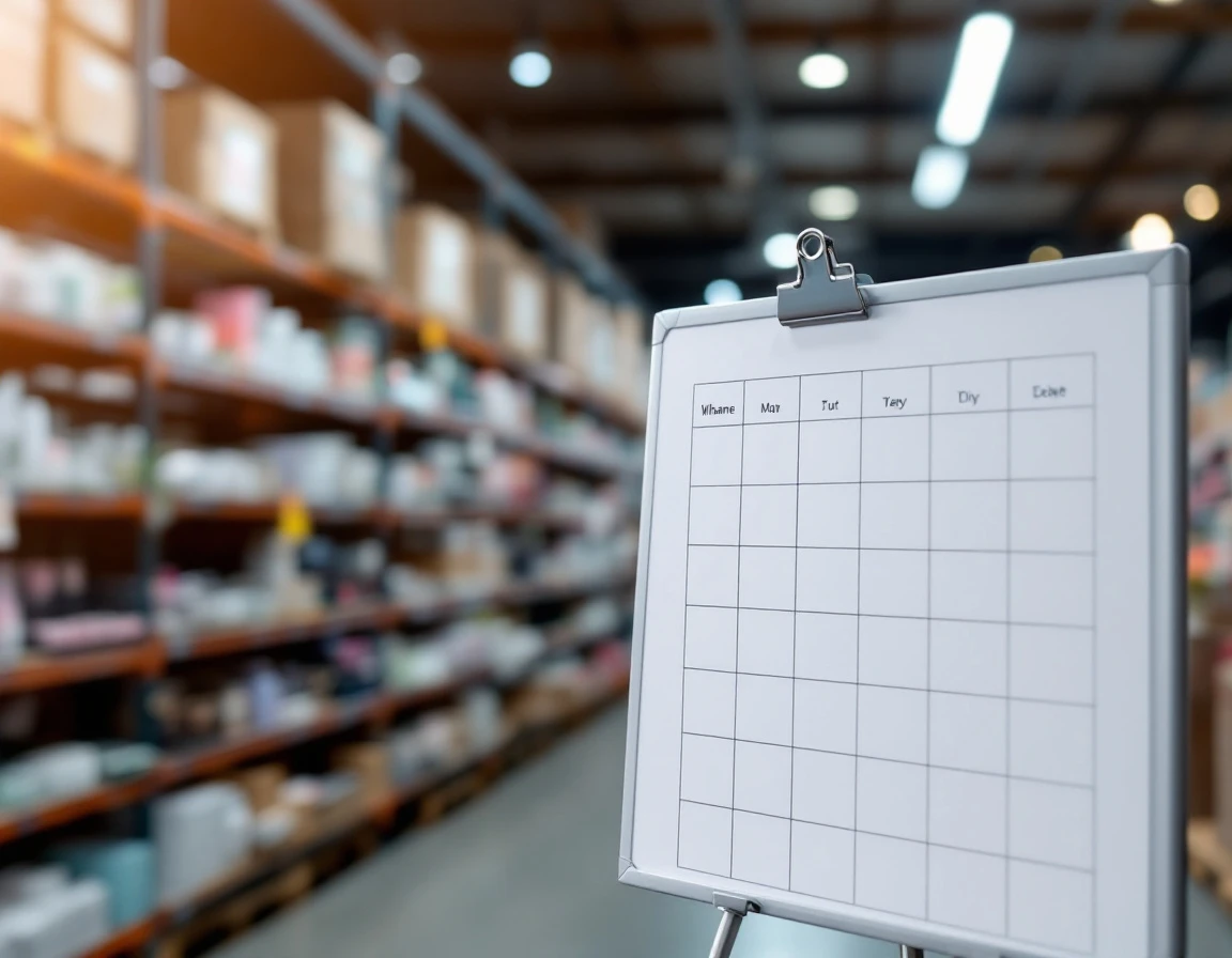 Empty scheduling grid board in specialty retail warehouse with product shelving in background