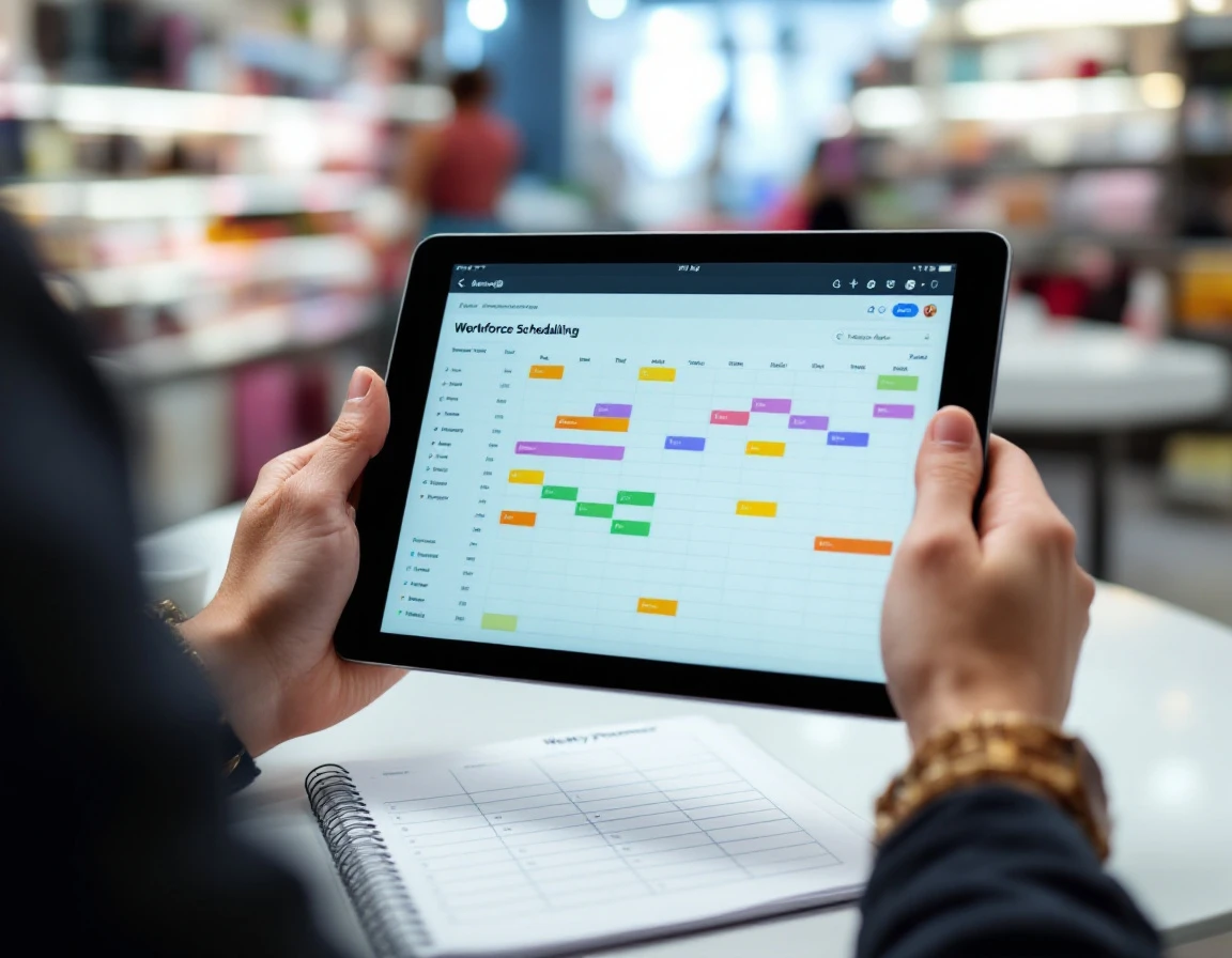 Retail manager reviewing workforce scheduling analytics on tablet in specialty beauty store environment