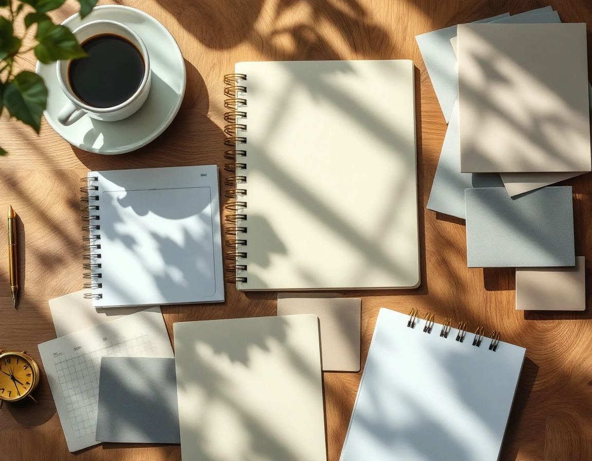 Flat lay of planning notebooks, blank calendar, alarm clock, and coffee cup arranged on wooden desk surface