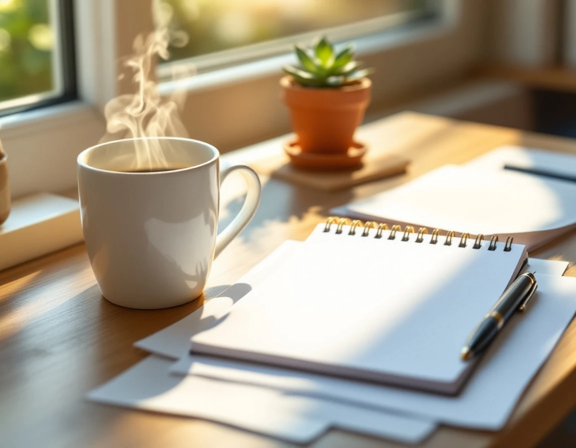 Office desk with coffee mug, blank notebook, and succulent plant during afternoon work session