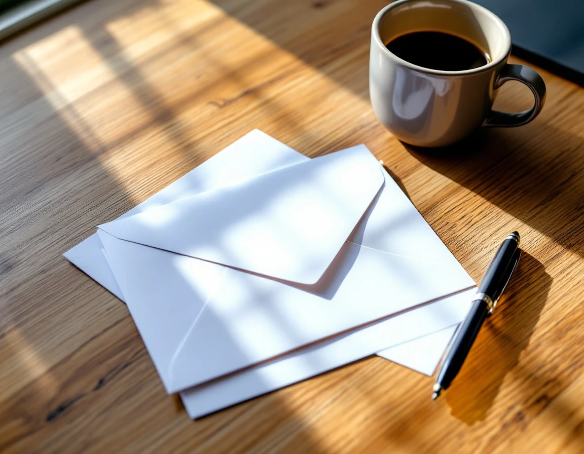 Blank envelopes and pen on wooden desk with coffee mug and natural window light for staffing review