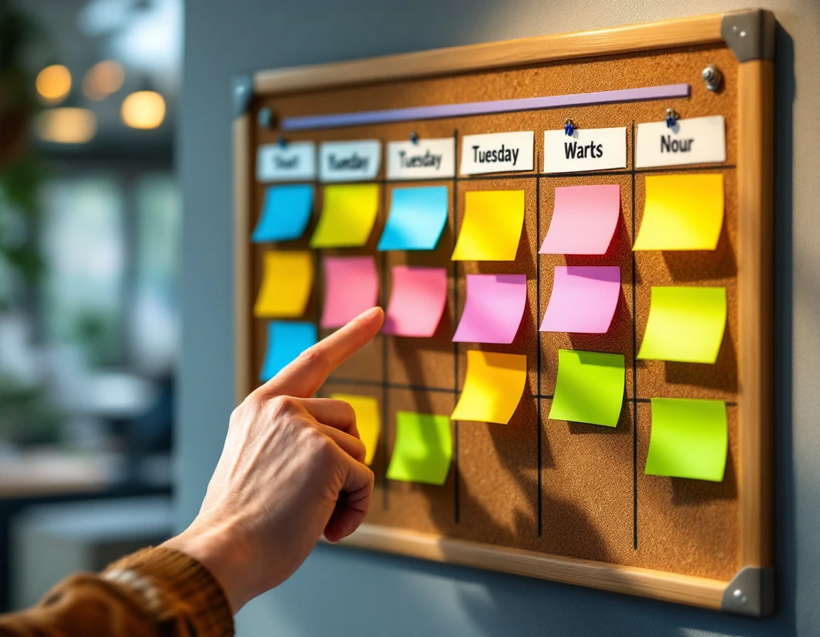 Cork board with colorful sticky notes arranged in workforce schedule grid with hand adjusting task placement