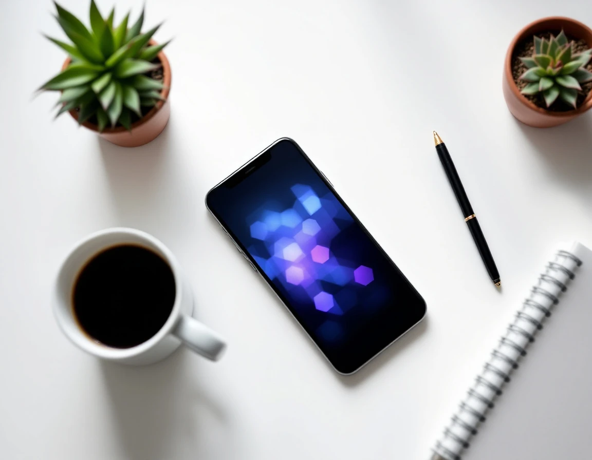 Overhead workspace with coffee, phone showing abstract data visualization, and minimal office supplies