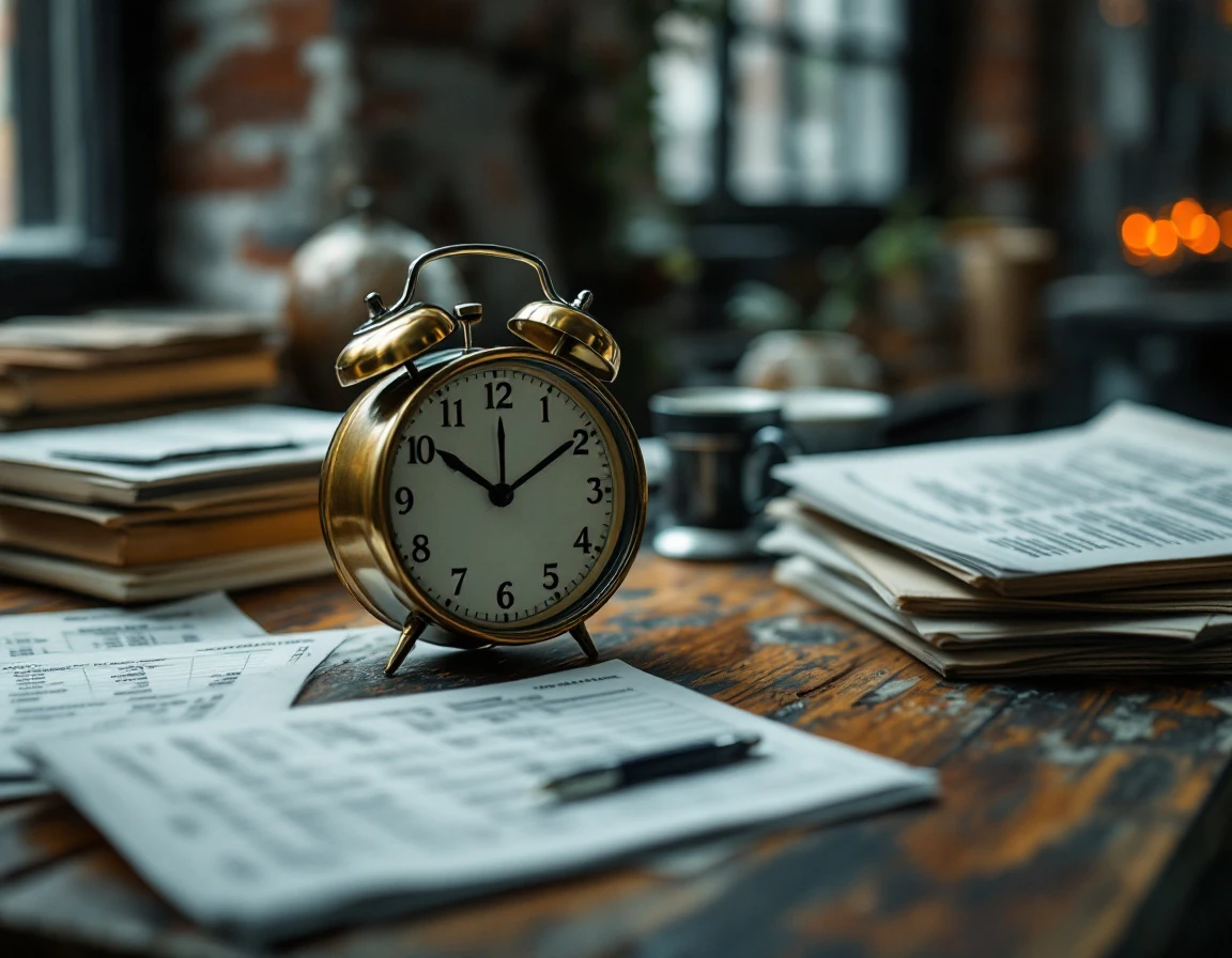 Minimalist brass clock on desk with blurred budget documents symbolizing labor planning time pressures