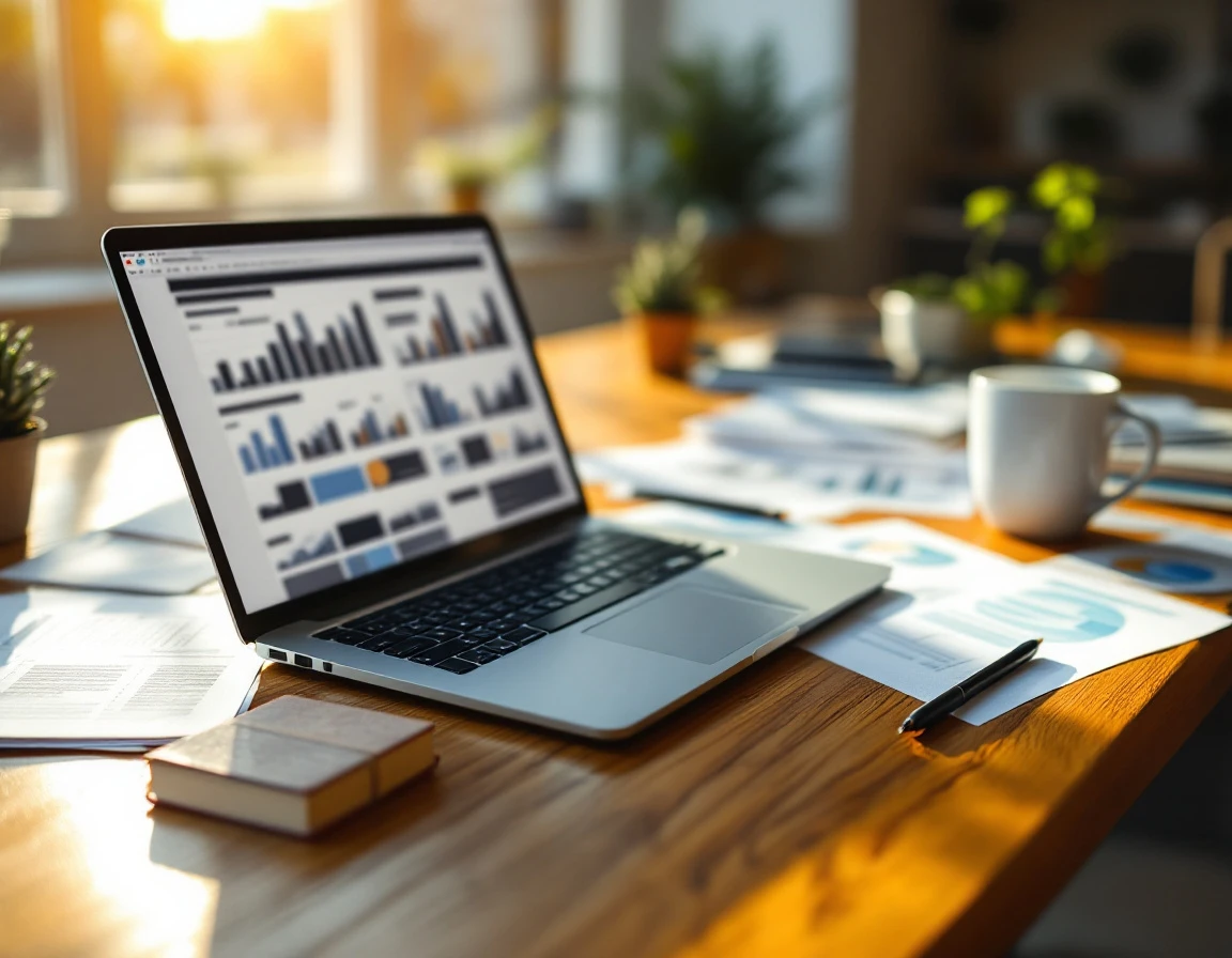 Sunlit office desk with laptop displaying blurred workforce analytics and scattered planning documents