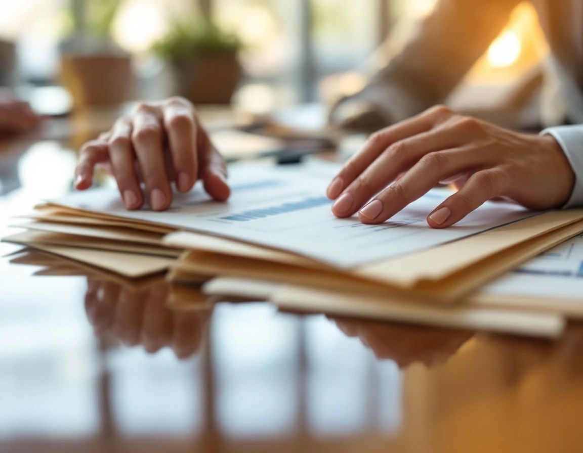 Hands reviewing blurred financial documents on conference table during budget reallocation meeting