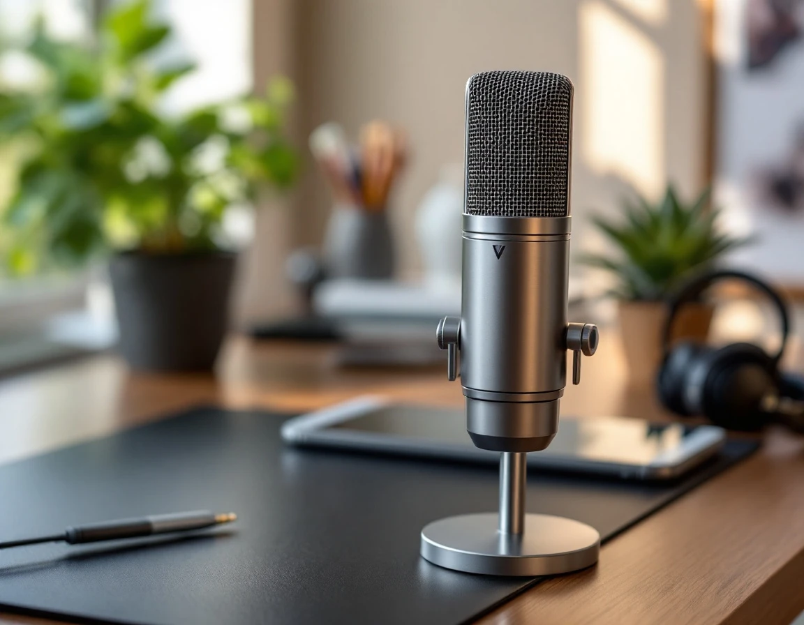 Professional microphone and communication equipment on modern desk with shallow depth of field
