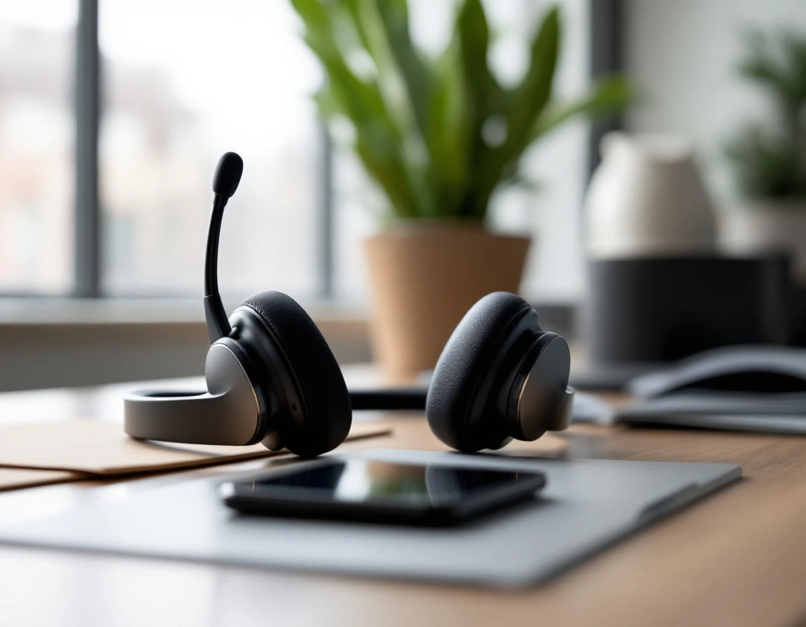 Professional wireless headset on office desk representing live call answering technology