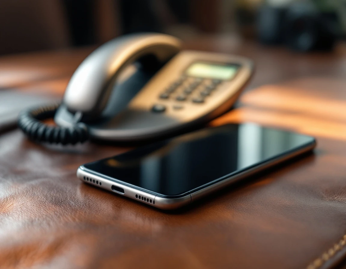 Desk phone and smartphone on leather surface representing live call answering technology