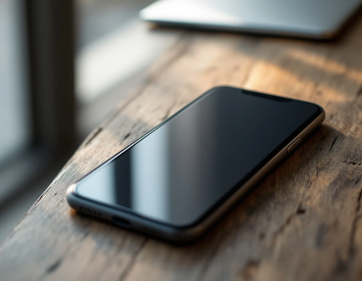 Smartphone on wooden desk with laptop in background showing minimalist business workspace