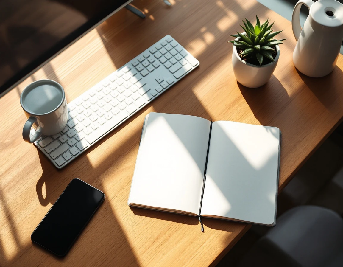 Clean workspace with blank notebook, keyboard, coffee mug and succulent in warm natural lighting