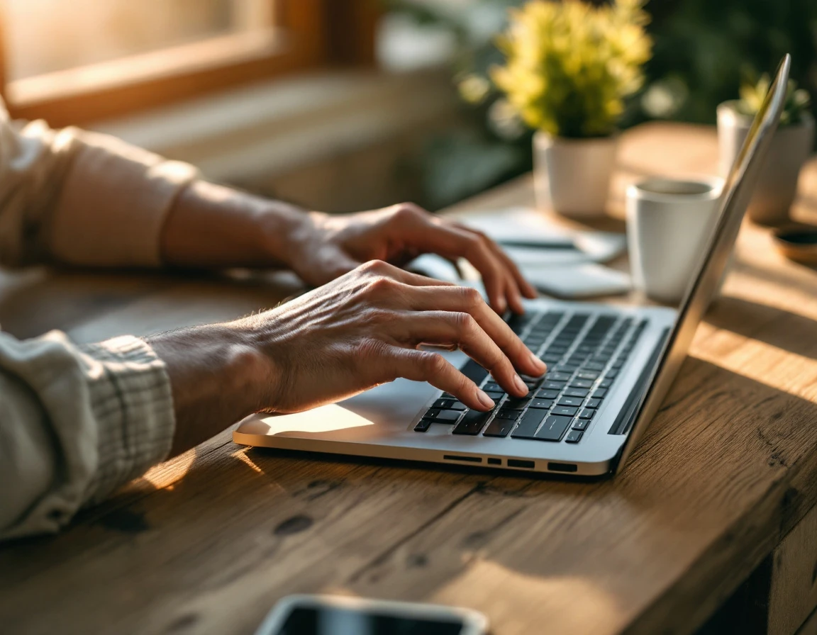 Hands typing on laptop keyboard at wooden desk with natural lighting and coffee cup nearby