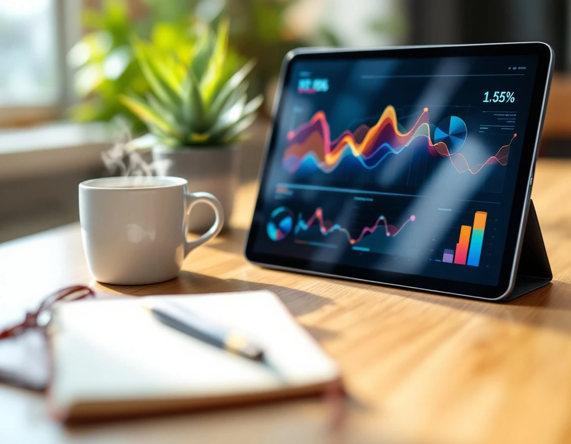Tablet displaying analytics graphs and charts on wooden desk with coffee and notebook in professional workspace