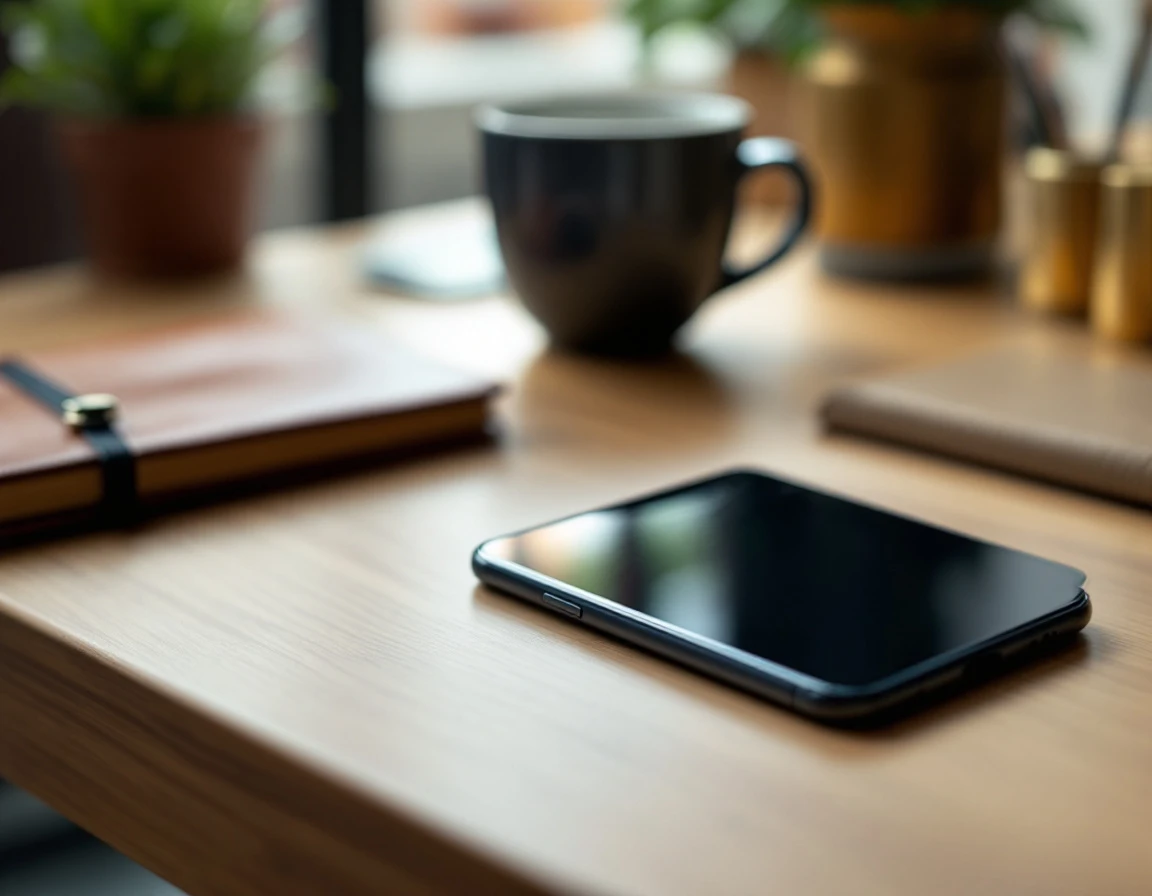 Business smartphone on office desk with workspace accessories in natural lighting