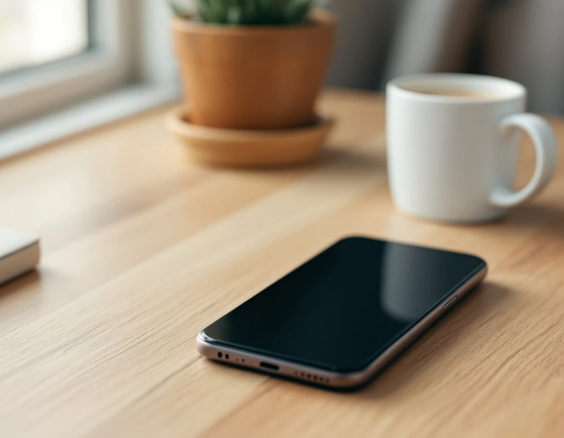 Smartphone on wooden desk with natural lighting in minimalist office setting