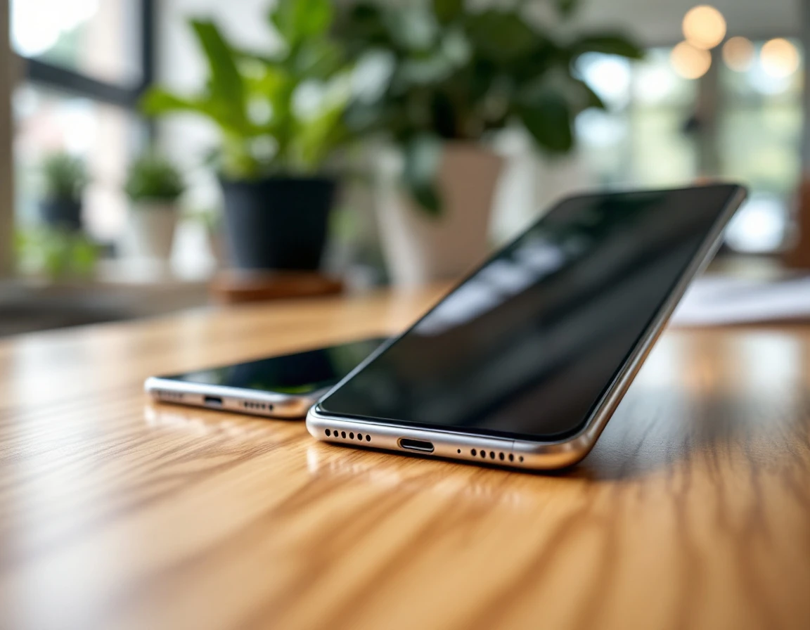 Three smartphones arranged on wooden desk showing communication tools for call overflow routing