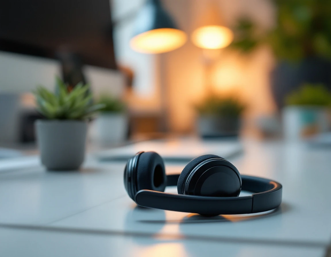 Wireless headset on office desk with warm lighting and plant decor for professional call handling
