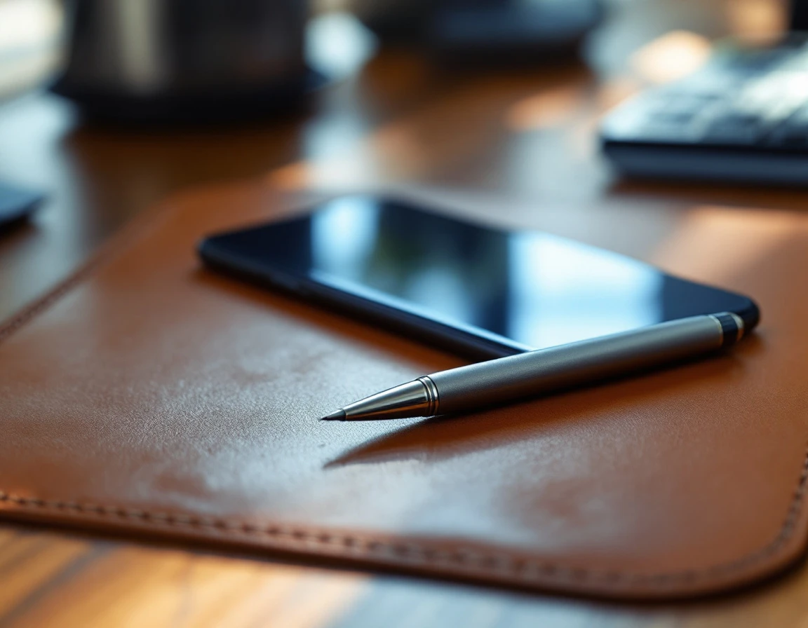Desk with leather pad, ballpoint pen, and phone positioned for callback scheduling workflow