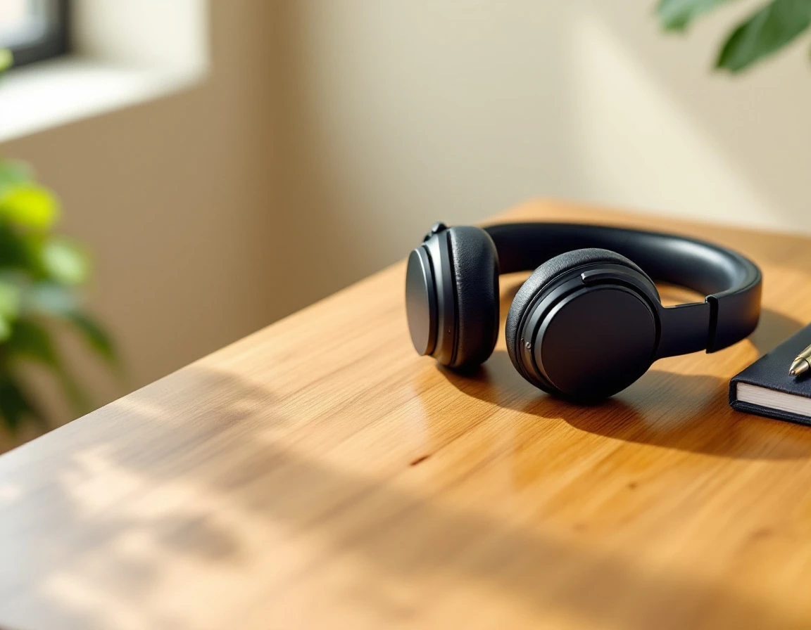 Professional headphones and notepad on wooden desk in modern customer service workspace