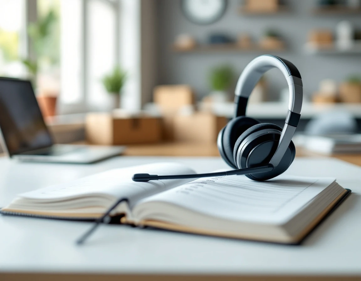 Professional headset and appointment book on desk in small business service environment