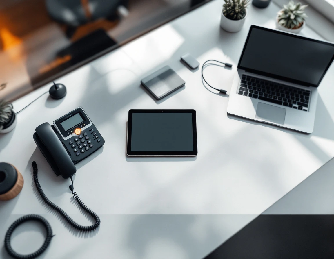 Multiple business communication devices connected on organized desk workspace with morning light