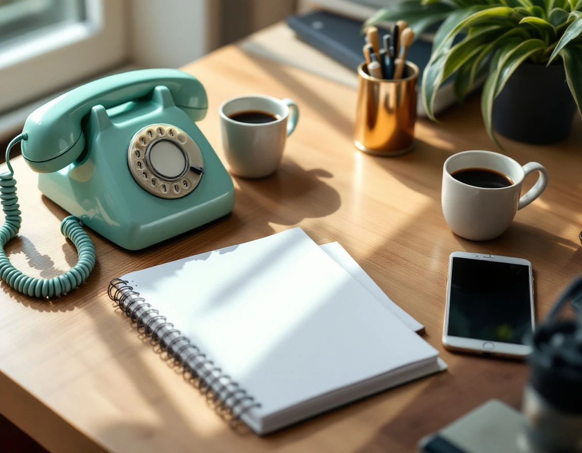 Vintage rotary phone and modern smartphone on desk with blank notebook and coffee cups