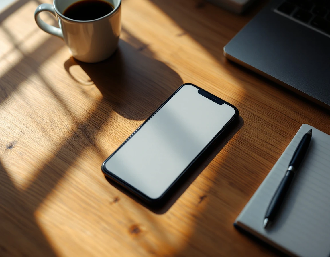 Smartphone on wooden desk with workspace elements in natural morning light