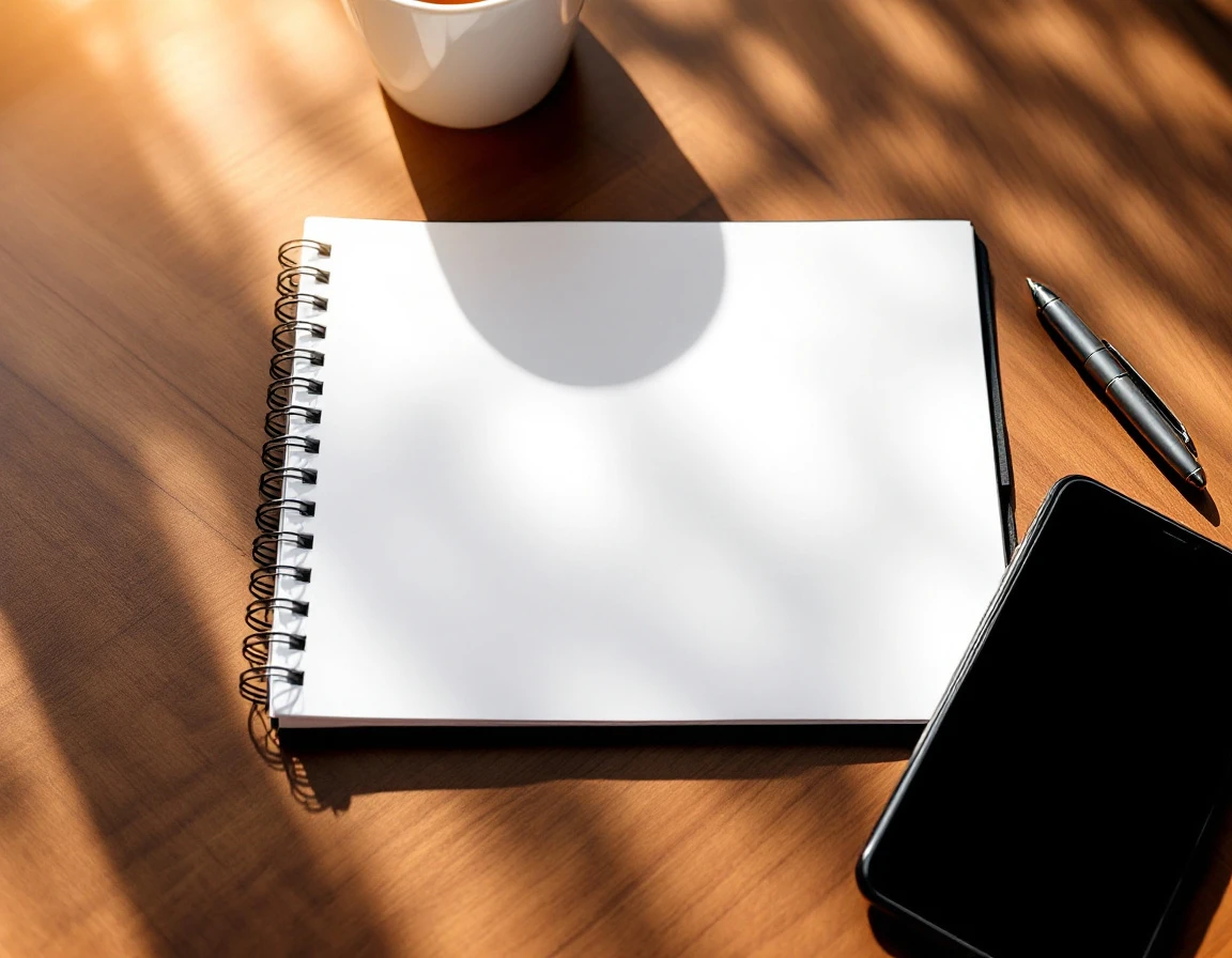 Blank notebook and smartphone on wooden desk with coffee mug and pen in natural daylight