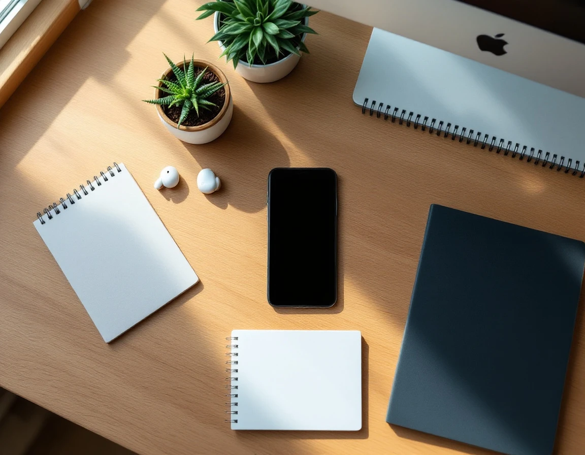 Organized desk workspace with items arranged in distinct zones showing clear boundaries and categorization