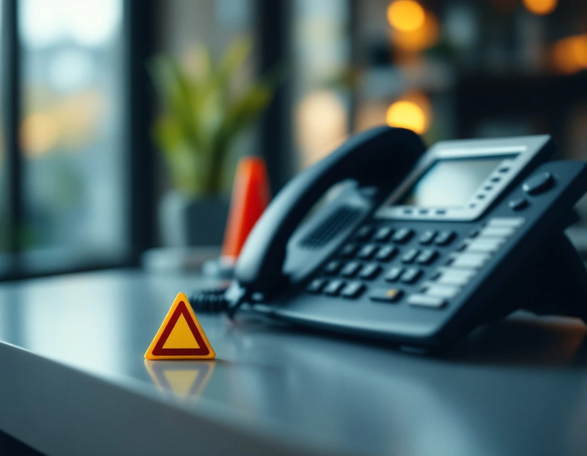 Office desk phone with warning indicators representing decision boundaries for AI receptionists