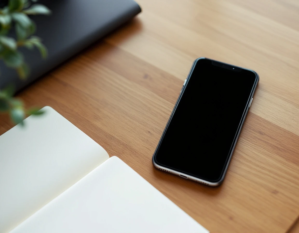 Smartphone placed face-down on wooden desk with notebook and pen nearby