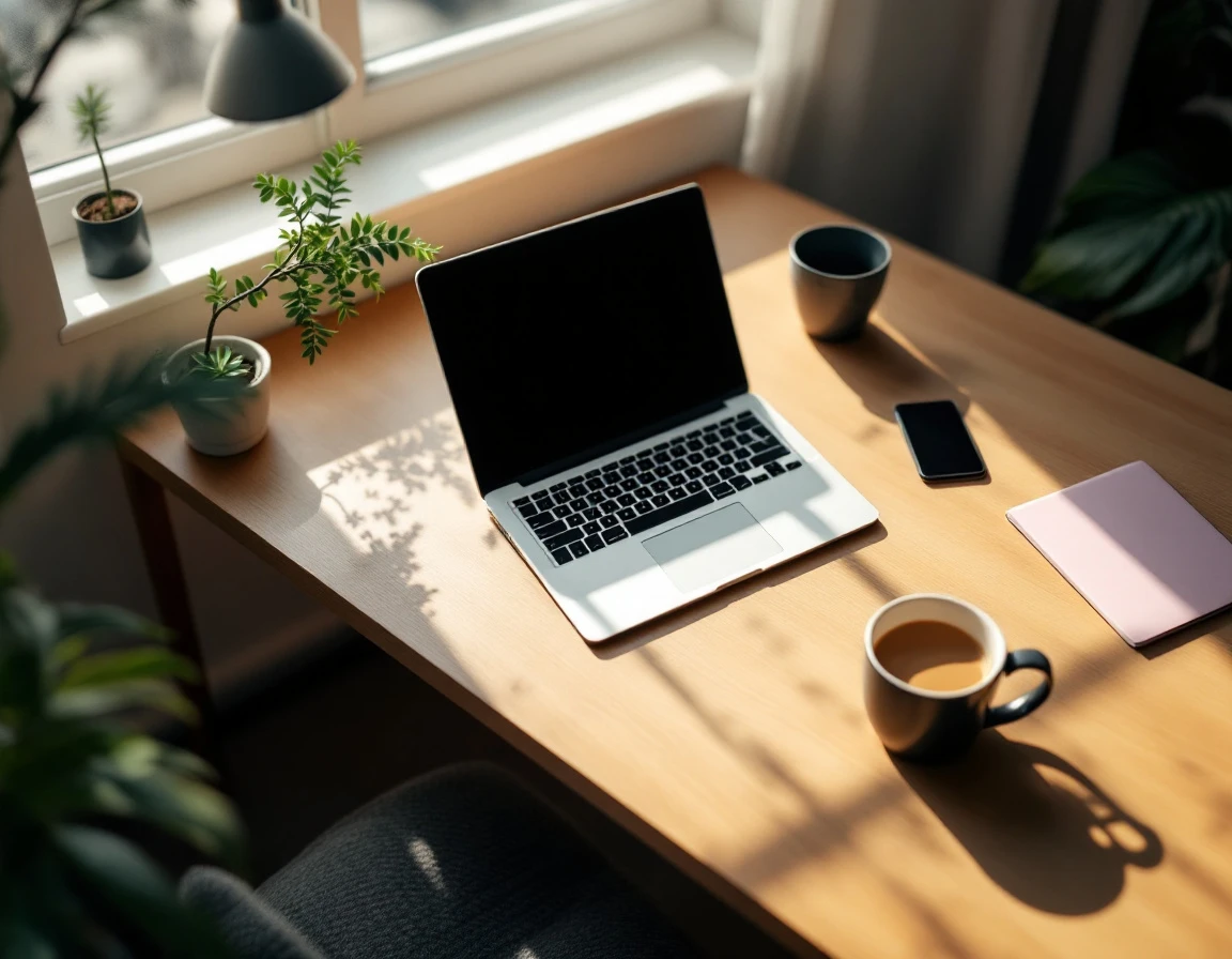 Minimalist desk workspace with closed laptop, coffee cup, and succulent plant in natural morning light