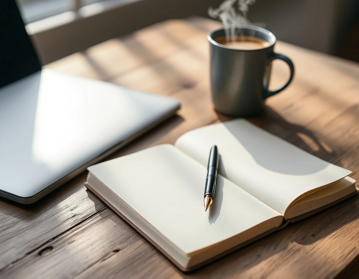 Minimalist desk with closed laptop, coffee, and notebook in natural morning light