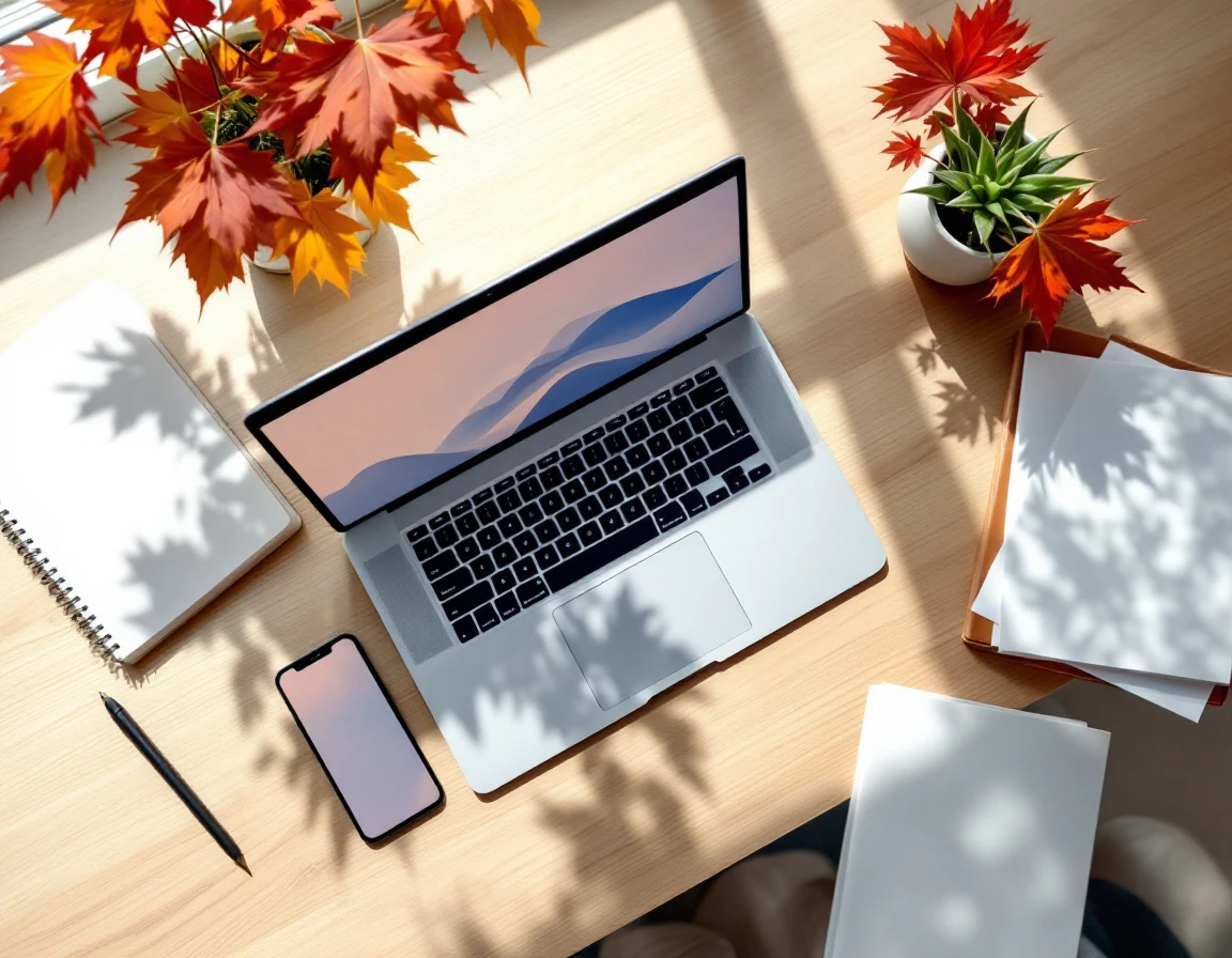 Overhead view of laptop and smartphone on desk with autumn leaves and plant, suggesting productivity tools