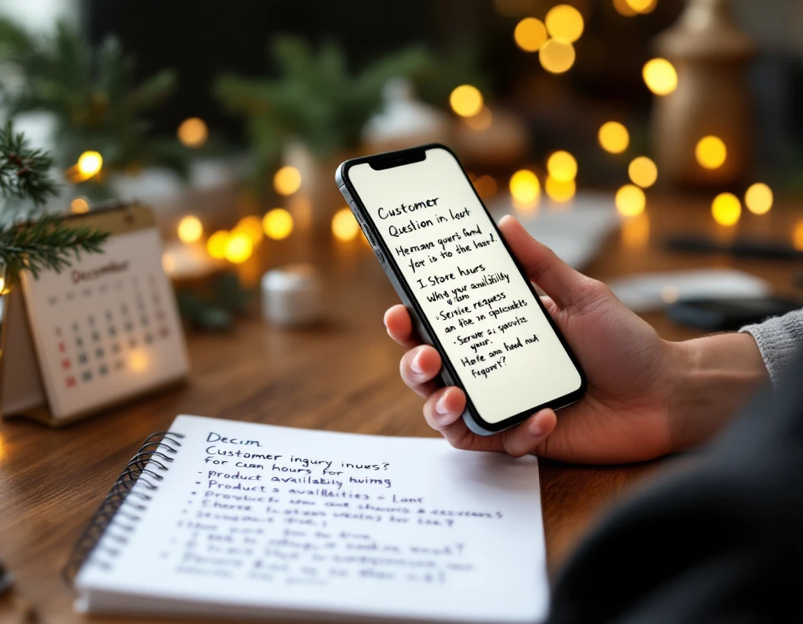 Customer service representative writing holiday inquiry notes while handling phone call at retail desk