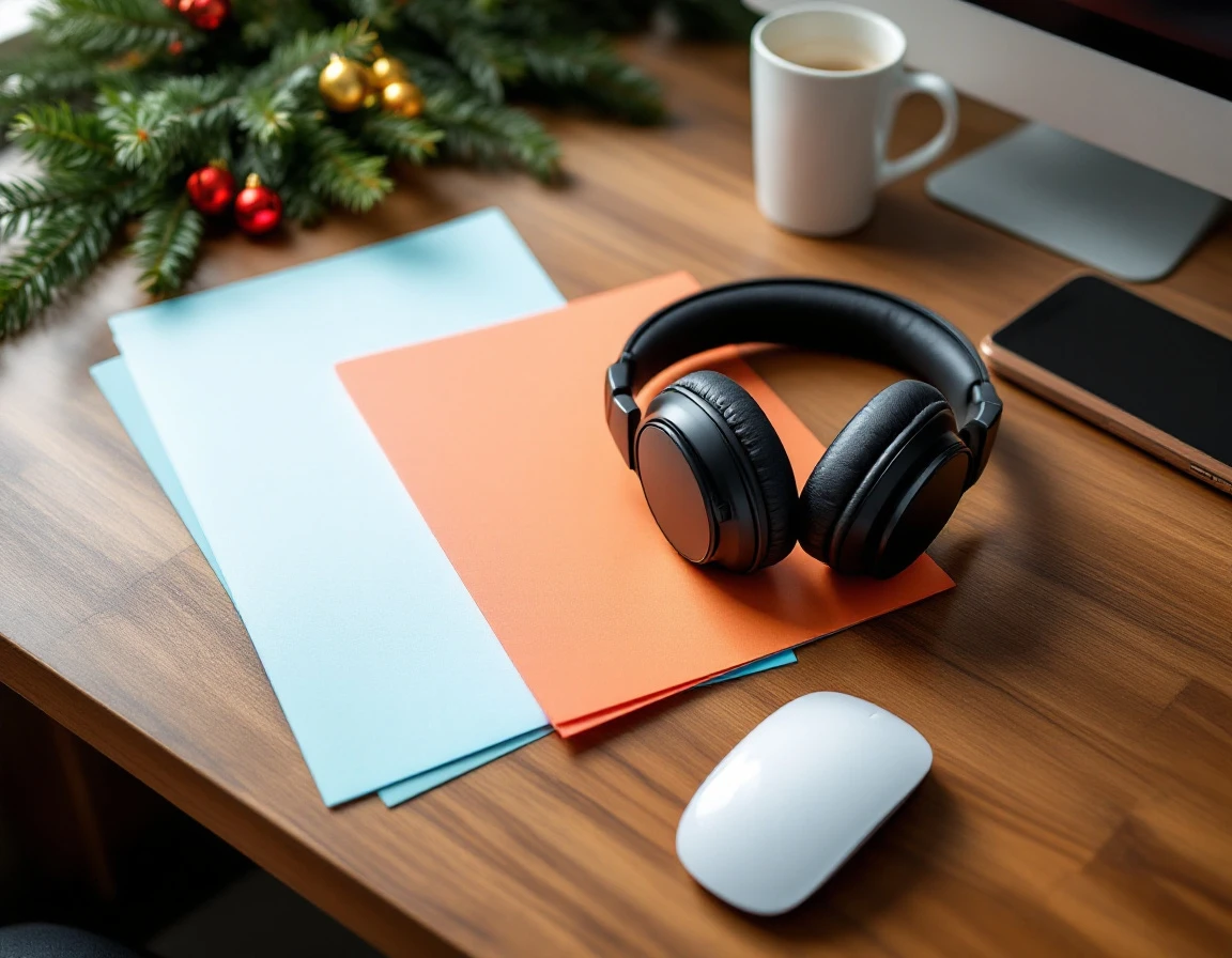 Customer service headphones on desk with holiday decorations and coffee during seasonal rush preparation