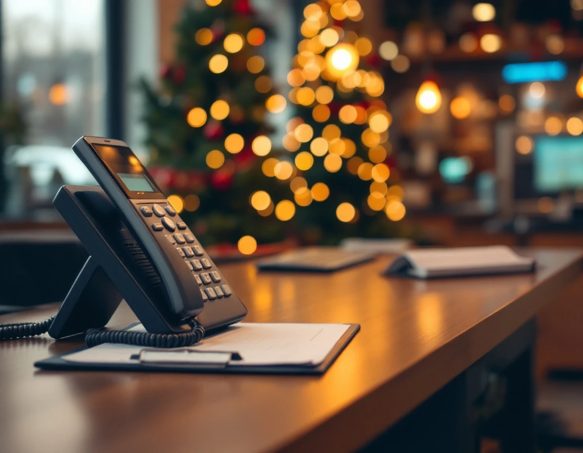 Customer service phone on retail counter with holiday decorations blurred in background