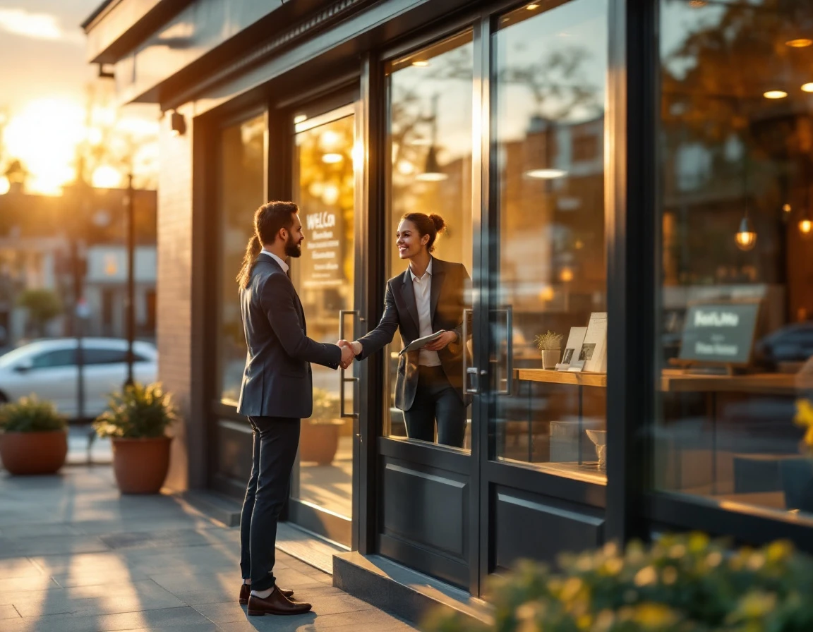 Service professional warmly greeting customer at small business storefront entrance during golden hour
