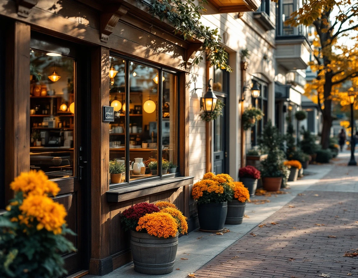 Small independent service business storefront with welcoming autumn details and well-maintained exterior