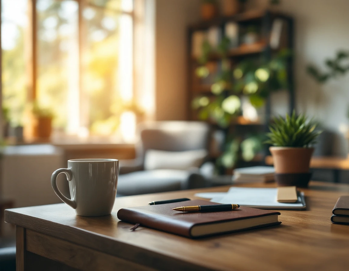 Warm small business office workspace with coffee, plants, and notebooks on wooden desk