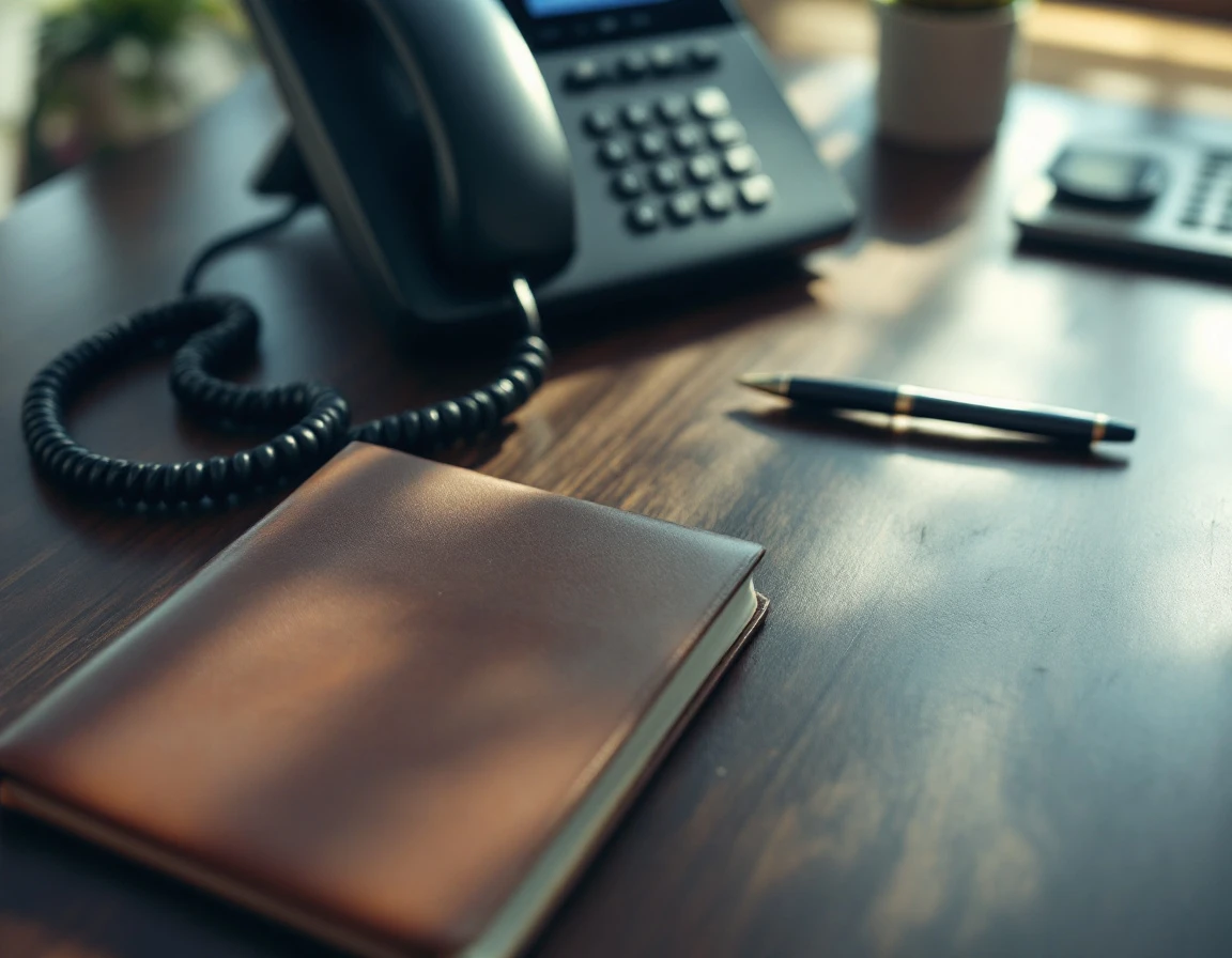 Business telephone handset on office desk representing call recording and privacy compliance systems