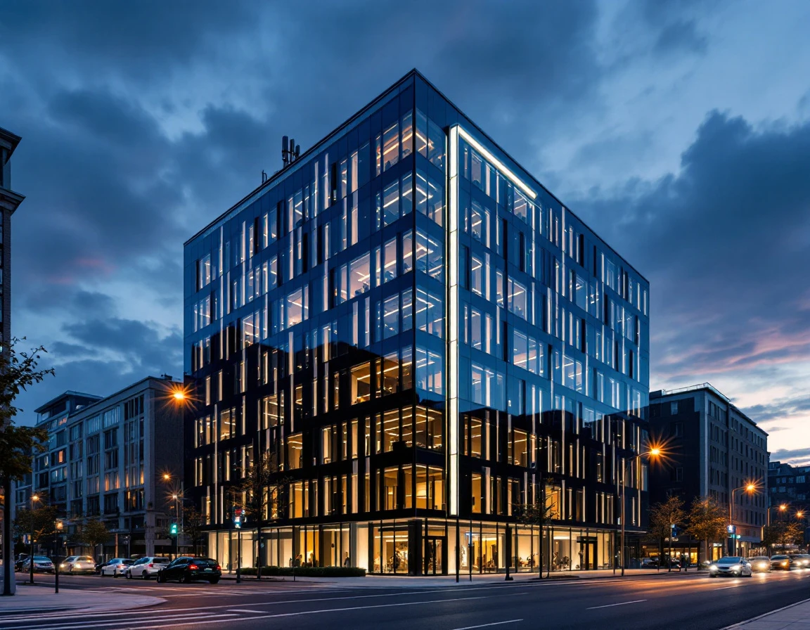 Modern office building at twilight with scattered interior lighting in business district